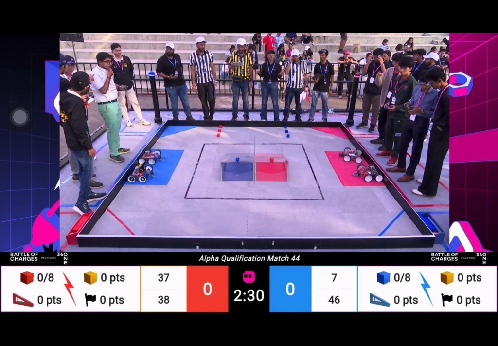 Team VoltEdge operating EdgeBot in Alpha Qualification Match 44 at IIT Bombay