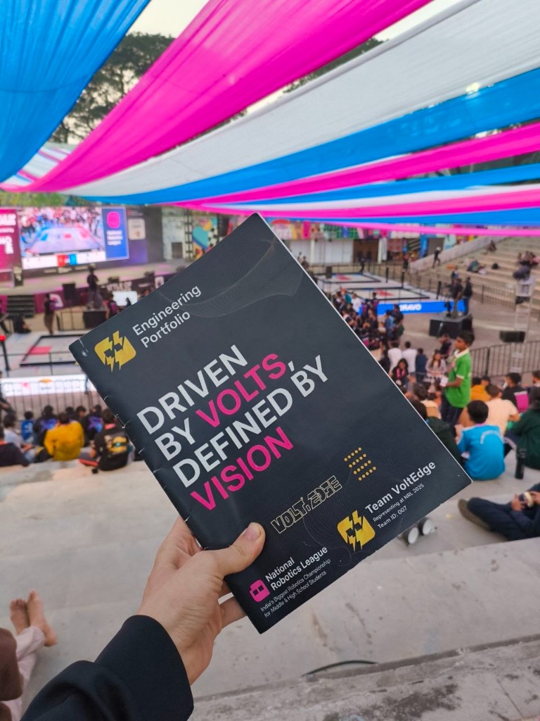 The 60-page official Engineering Portfolio dossier booklet held overlooking the IIT Bombay arena.