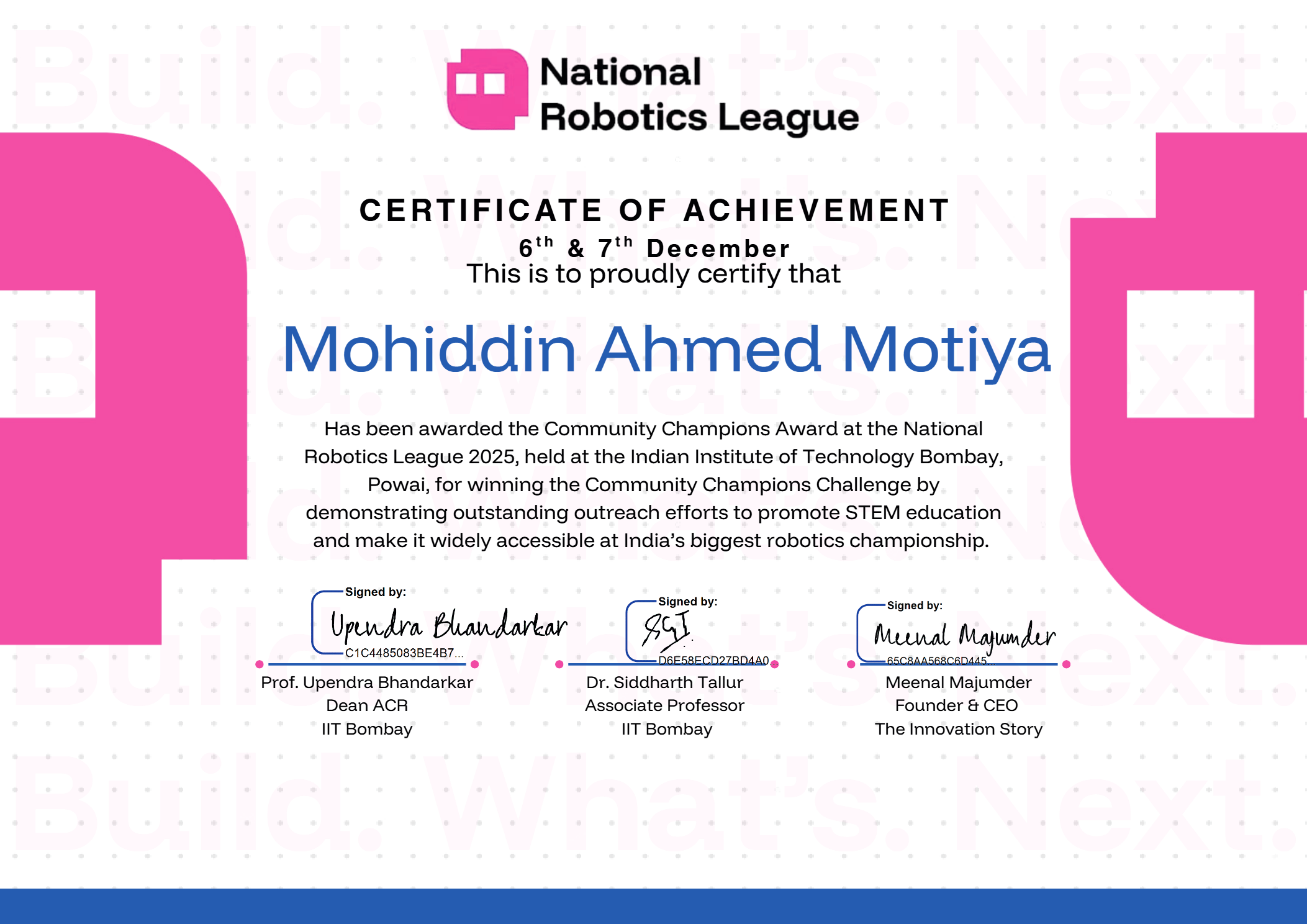 National Robotics League Community Champions Award - Mohiddin Ahmed Motiya